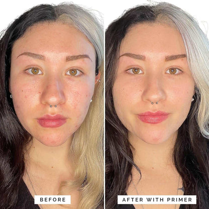 Before and after images showing the effect of Long-Lasting Correcting Face Primer on reducing redness and providing a smooth makeup base.