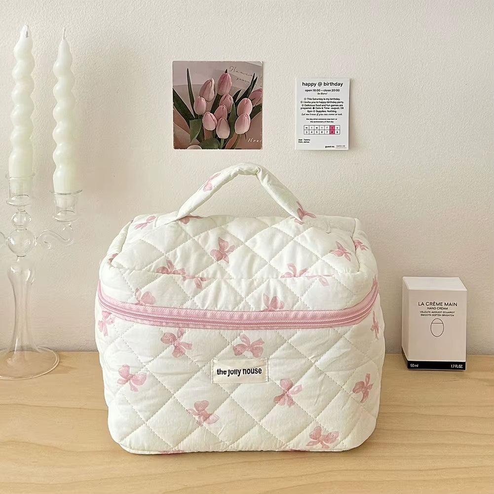 Makeup Bag Women Cotton Quilted Floral Cosmetic Bag Cosmetic Organizer Bow Flower Cloth Handbag Portable Travel Toiletry Bag