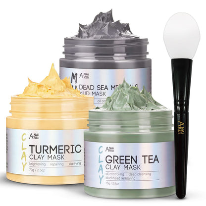 Turmeric & Green Tea Clay Mask Set – Dead Sea Mineral Mud Mask for Deep Cleansing & Glowing Skin (2.5 Oz Each)