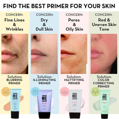 Long-lasting correcting face primer for redness and pore minimizing.