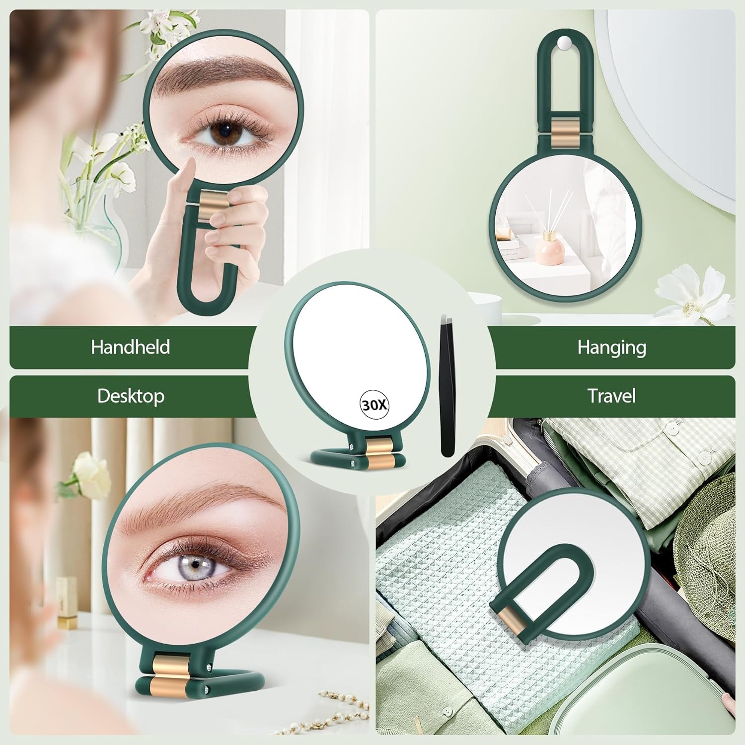 Handheld Magnifying Mirror – Double-Sided 30X/1X Travel Mirror with Adjustable Handle & Tweezers – Portable Makeup & Grooming Mirror (Green)