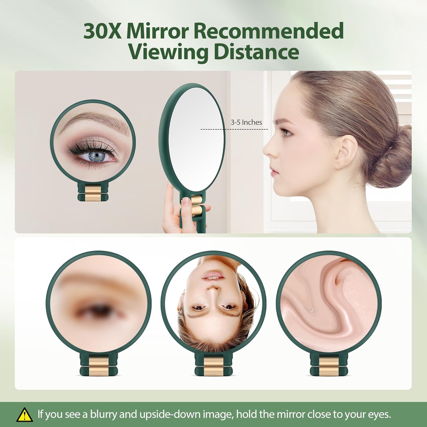 Handheld Magnifying Mirror – Double-Sided 30X/1X Travel Mirror with Adjustable Handle & Tweezers – Portable Makeup & Grooming Mirror (Green)