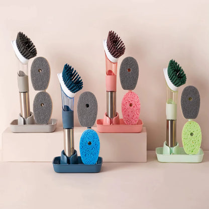 Soap Dispensing Dish Brush Set with 4 Replacement Brush Heads Kitchen Dish Scrub Brush with Base with Soap Dispenser