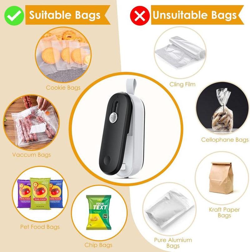 FEPPO Mini Bag Sealer - 2 in 1 Heat Sealer & Cutter for Fresh Snacks, Portable Food Storage Solution with Batteries Included