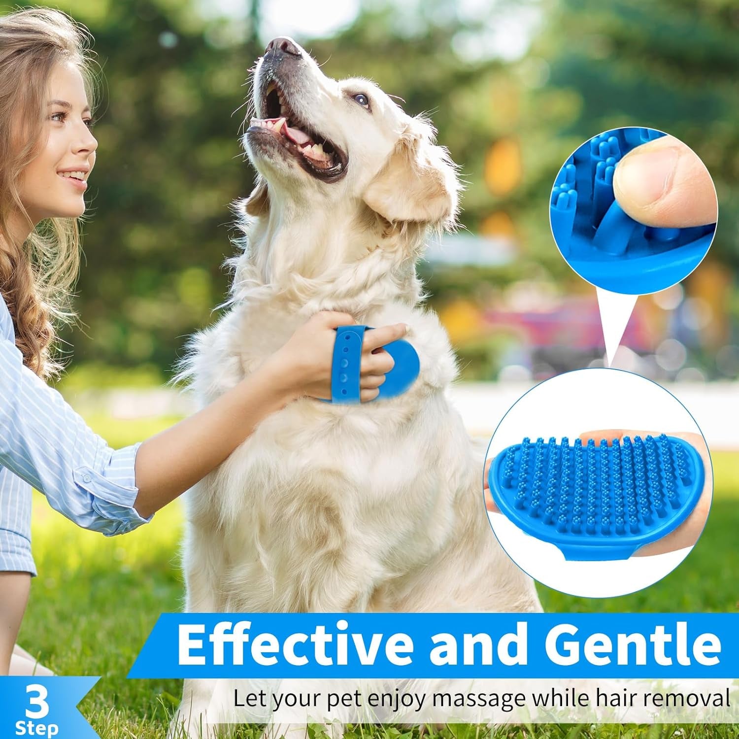 3PCS Dog Bath Brush – Shampoo & Scrubber Set for Short & Long-Haired Pets with Adjustable Ring Handle (Blue)