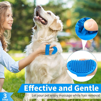 3PCS Dog Bath Brush – Shampoo & Scrubber Set for Short & Long-Haired Pets with Adjustable Ring Handle (Blue)