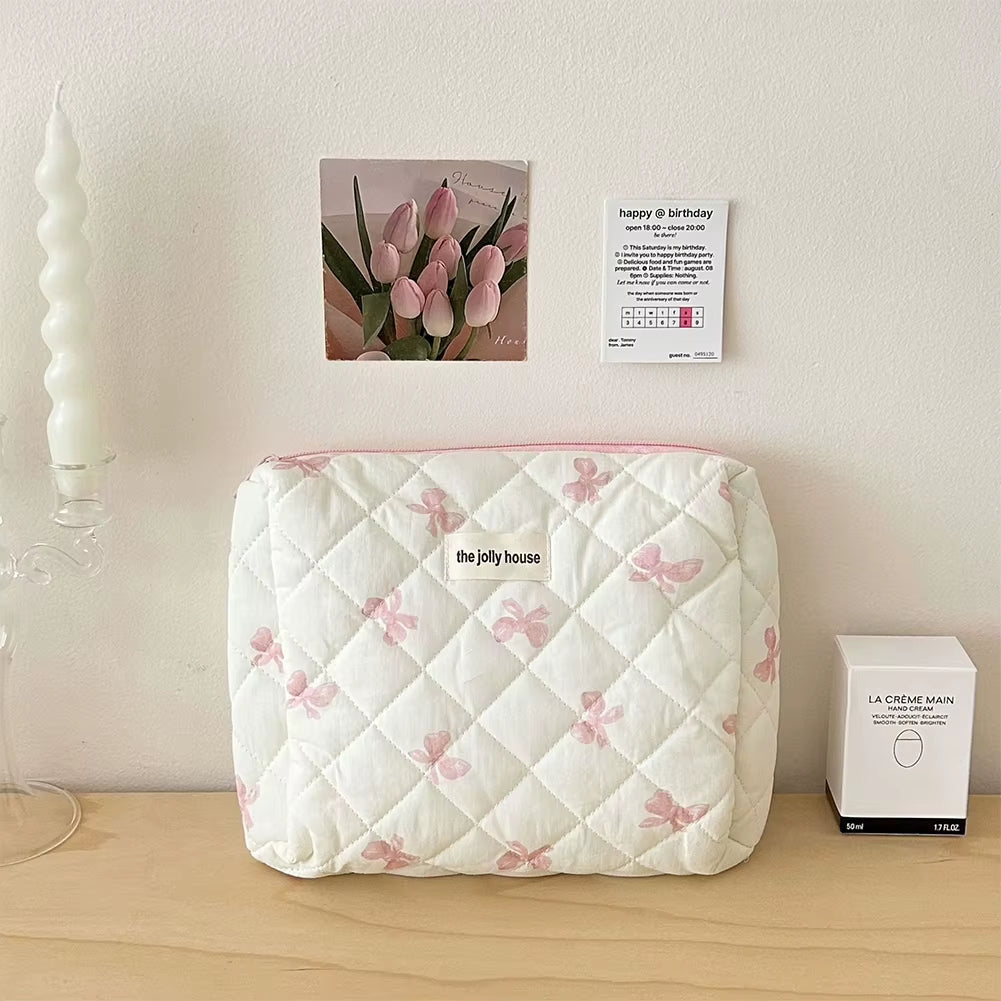 Makeup Bag Women Cotton Quilted Floral Cosmetic Bag Cosmetic Organizer Bow Flower Cloth Handbag Portable Travel Toiletry Bag