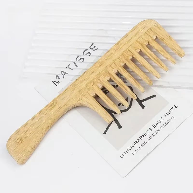 1Pcs Natural Bamboo Wooden Hair Comb Anti-Static Afro Fork Combs for Women round Wide Tooth Wood Comb Hair Brush Women