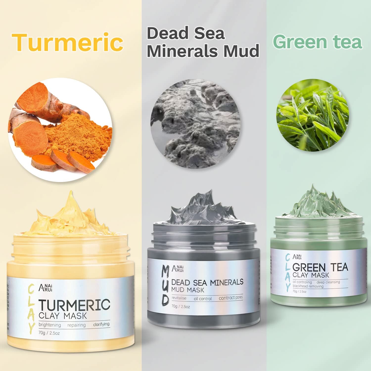 Turmeric & Green Tea Clay Mask Set – Dead Sea Mineral Mud Mask for Deep Cleansing & Glowing Skin (2.5 Oz Each)