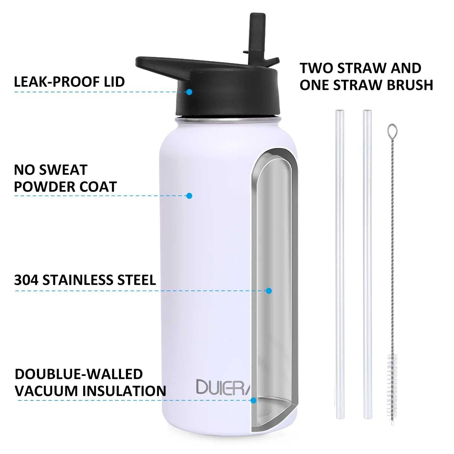 Vacuum insulated water bottle with leak-proof lid, stainless steel construction, and double-walled insulation, including two straws and a straw brush. Ideal for maintaining beverage temperature.