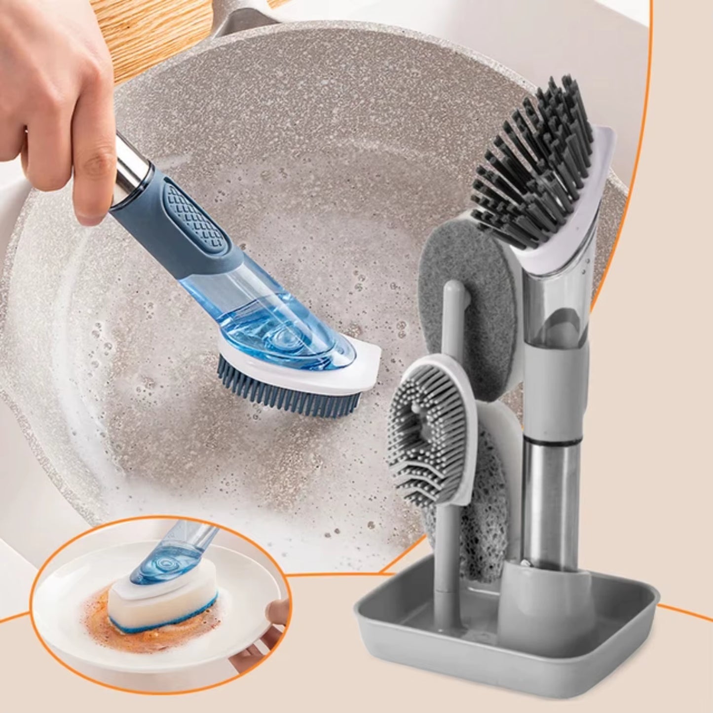 Soap Dispensing Dish Brush Set with 4 Replacement Brush Heads Kitchen Dish Scrub Brush with Base with Soap Dispenser