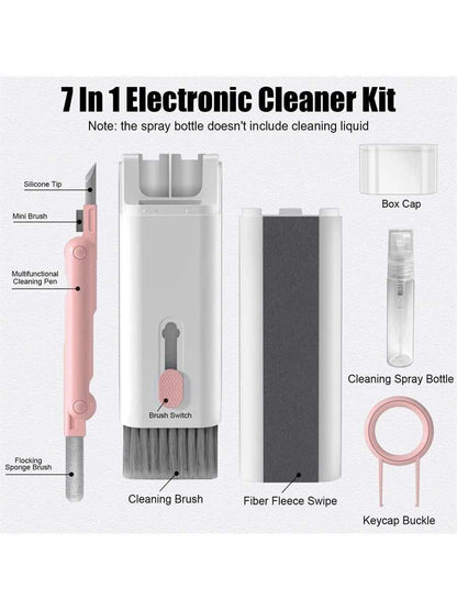 7-In-1 electronic cleaning kit with brush, cleaning pen, spray bottle, fiber fleece swipe, and keycap buckle in pink and white colors