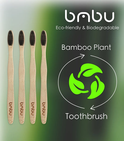 Bamboo Toothbrush 4 Pack - Medium/Soft Charcoal Bristles Tooth Brushes Wooden Handle - BPA Free, Eco Friendly, Vegan Product Gift Idea, Sustainably Grown in Recycled Biodegradable Packaging