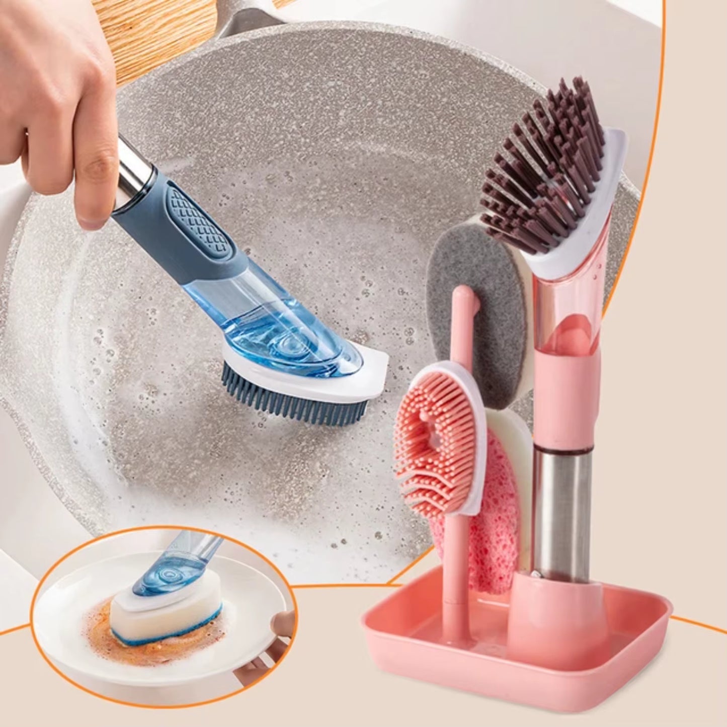 Soap Dispensing Dish Brush Set with 4 Replacement Brush Heads Kitchen Dish Scrub Brush with Base with Soap Dispenser