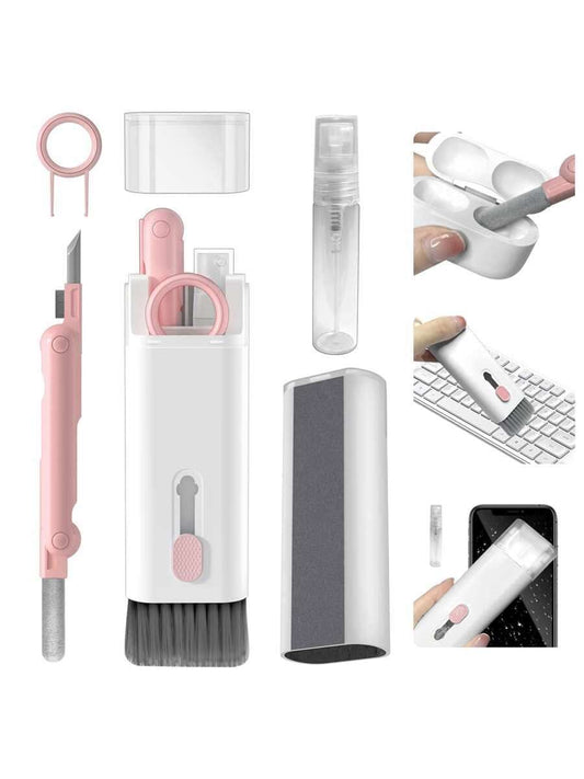7-In-1 electronic cleaning kit with pink brush, cleaning pen, and accessories for headphones, keyboards, laptops, and phones
