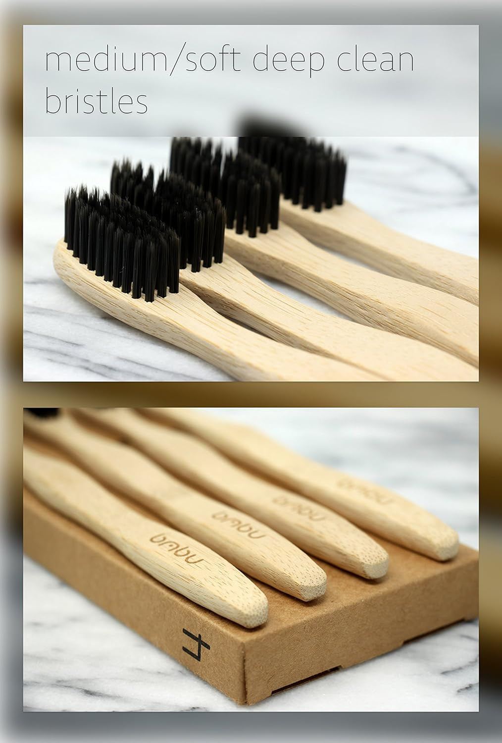 Bamboo Toothbrush 4 Pack - Medium/Soft Charcoal Bristles Tooth Brushes Wooden Handle - BPA Free, Eco Friendly, Vegan Product Gift Idea, Sustainably Grown in Recycled Biodegradable Packaging