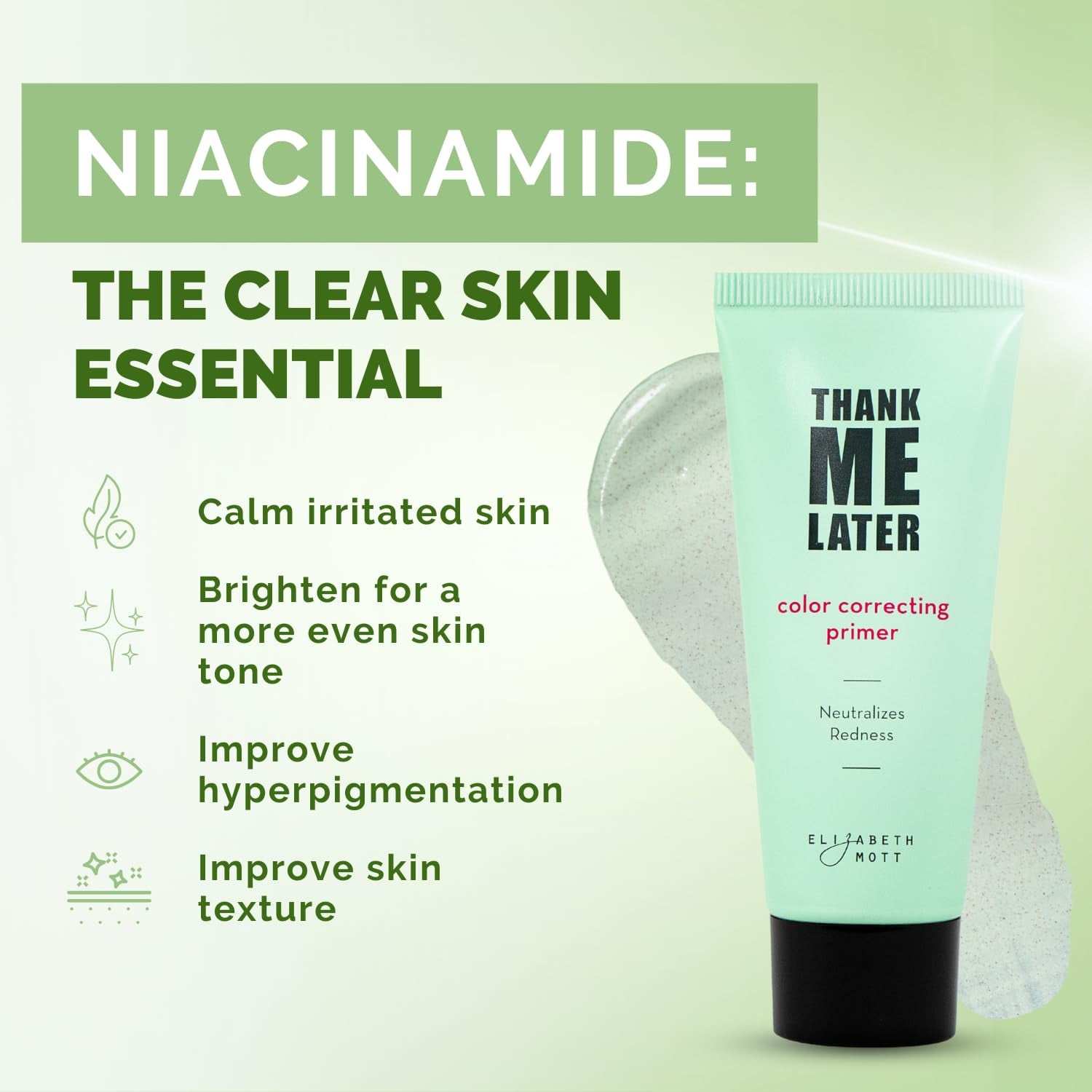 Long-lasting correcting face primer with niacinamide, reduces redness, suitable for all skin types.