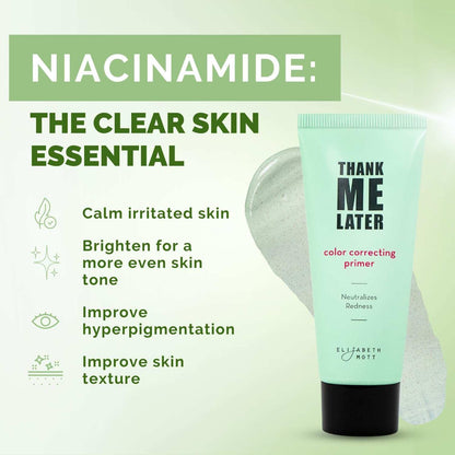 Long-lasting correcting face primer with niacinamide, reduces redness, suitable for all skin types.