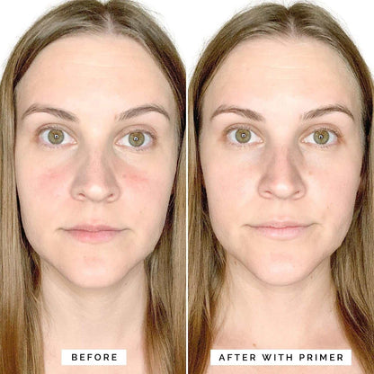 Before and after comparison showing the effect of Long-Lasting Correcting Face Primer on redness-prone skin.