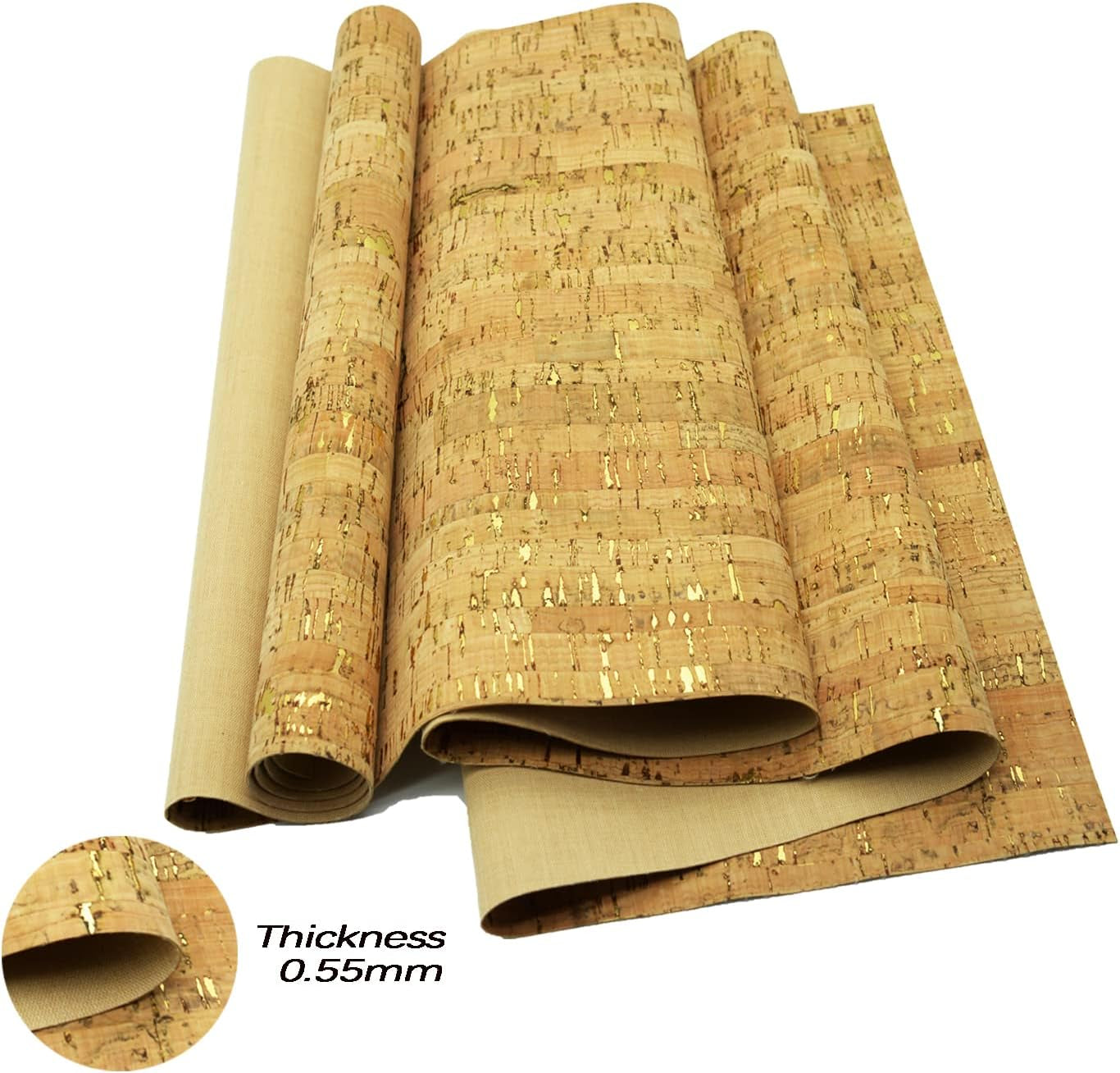 Natural Cork Fabric with Gold Glitter – 12.5" x 54" Roll for Sewing, Earrings & DIY Crafts