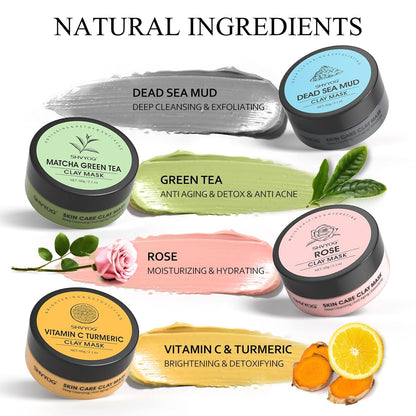 4-Piece Clay Facial Mask Set – Turmeric, Vitamin C, Green Tea, Dead Sea Mud & Rose Clay for Deep Cleansing & Hydration (240g)