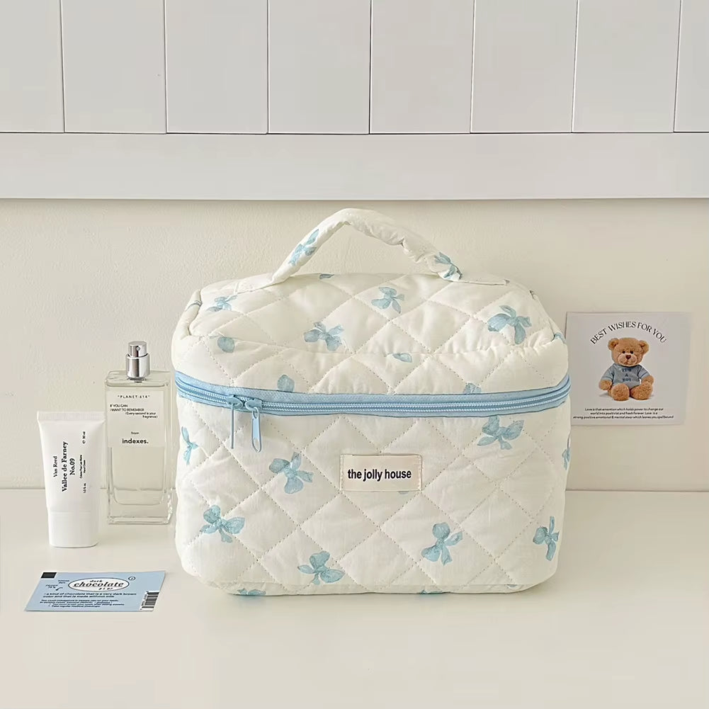 Makeup Bag Women Cotton Quilted Floral Cosmetic Bag Cosmetic Organizer Bow Flower Cloth Handbag Portable Travel Toiletry Bag