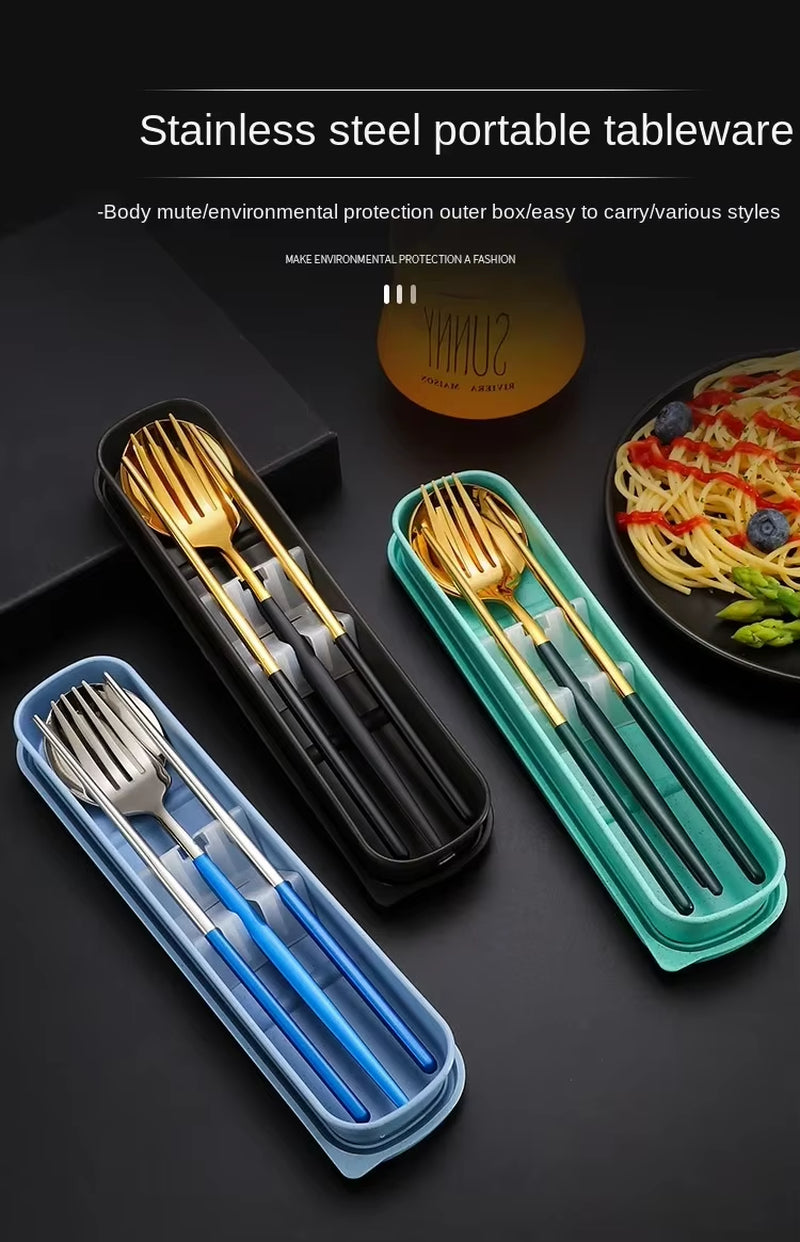 3 Pcs Dinnerware Set Stainless Steel Eco-Friendly Spoon Fork Chopsticks Travel Metal Cutlery Set Portable