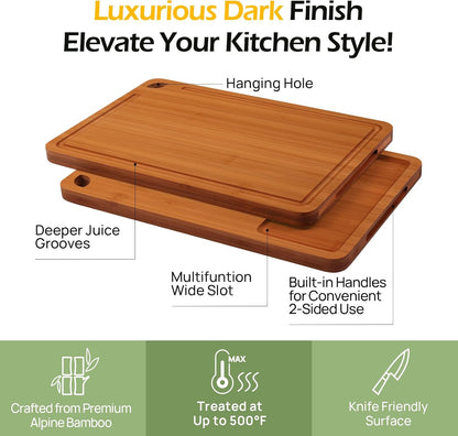 Bamboo Cutting Board – Durable Wooden Kitchen Board with Deep Juice Grooves & Built-In Handles for Chopping & Charcuterie