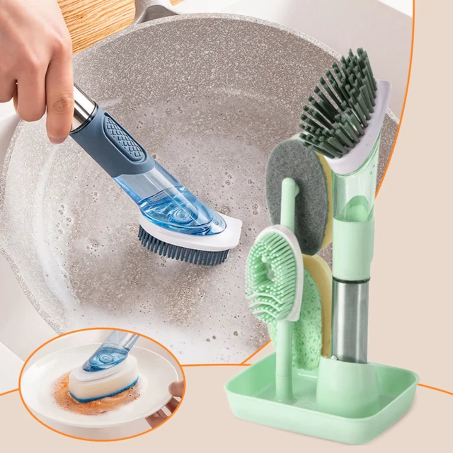 Soap Dispensing Dish Brush Set with 4 Replacement Brush Heads Kitchen Dish Scrub Brush with Base with Soap Dispenser