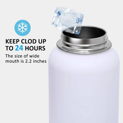 Vacuum Insulated Water Bottle with ice cube and wide mouth, keeps drinks cold for 24 hours.