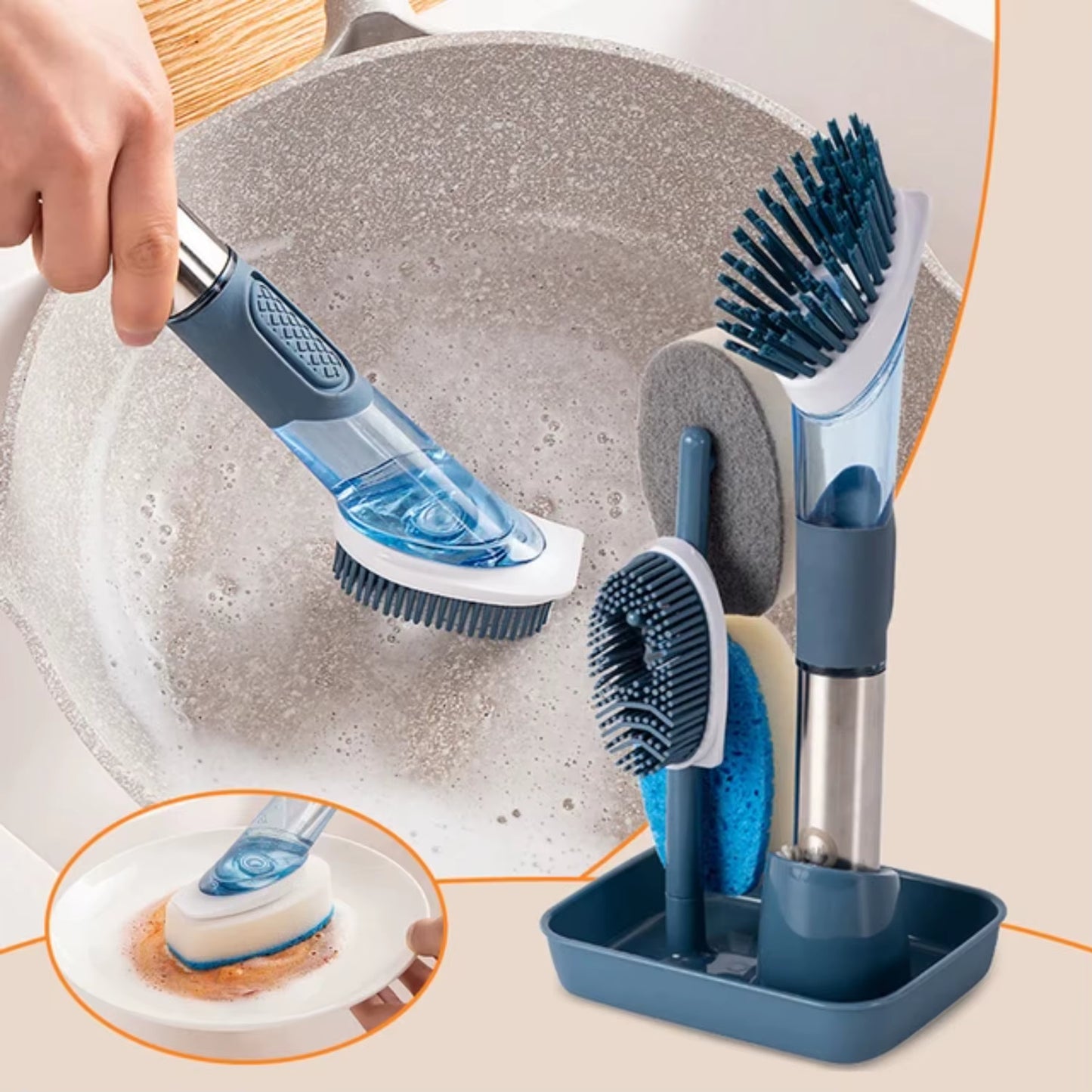 Soap Dispensing Dish Brush Set with 4 Replacement Brush Heads Kitchen Dish Scrub Brush with Base with Soap Dispenser