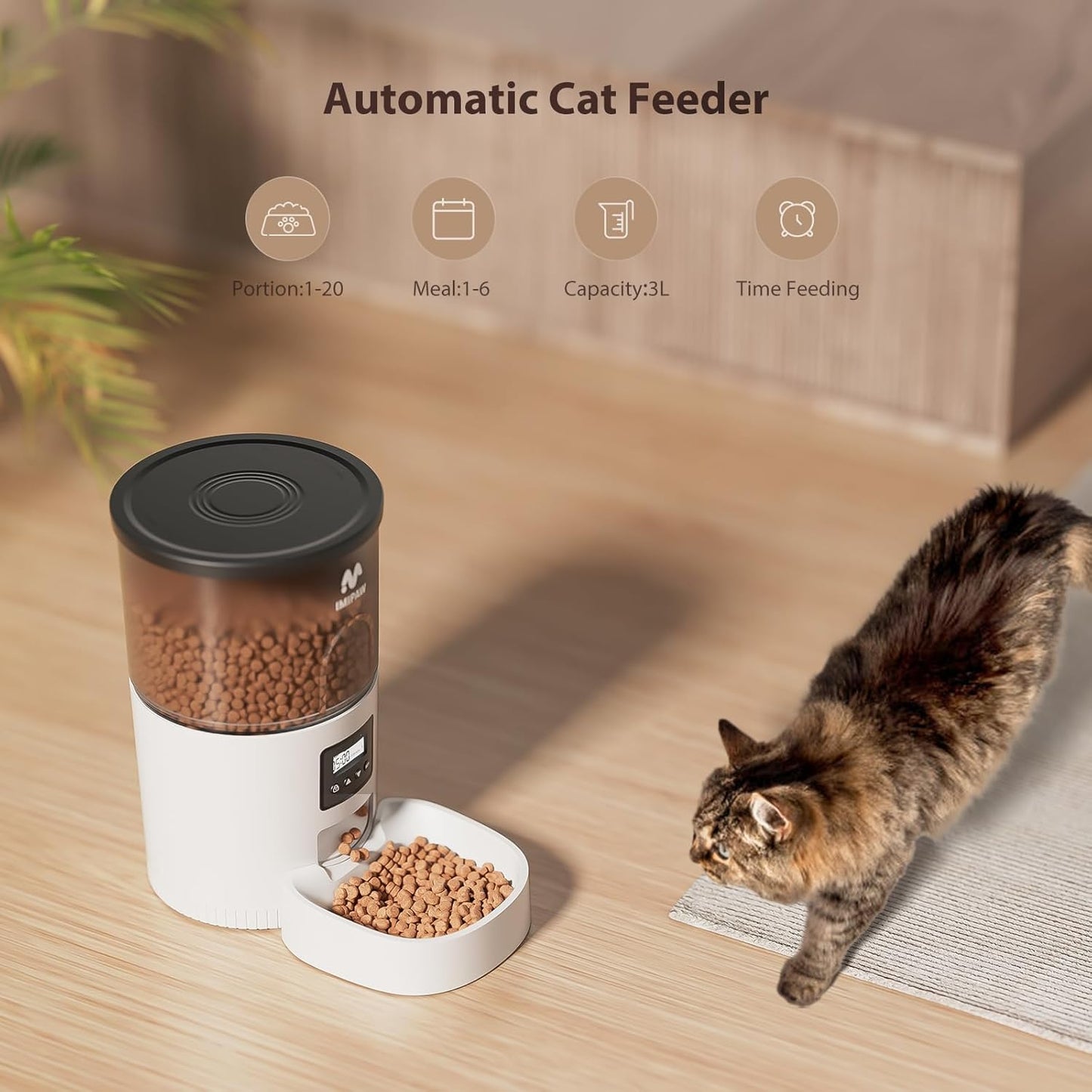 Automatic Cat Feeder – 3L Timed Dry Food Dispenser with Programmable Portions & Dual Power Supply