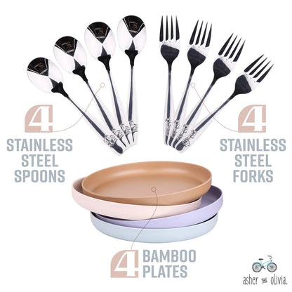 Bamboo Plates and Stainless Steel Silverware Set – (12-Piece) 4 Plates 8 Inch, 4 Forks and 4 Spoons – Eco-Friendly BPA Free, Self Feeding Dishwasher Safe Tableware Set for Preschooler Toddler and Kids