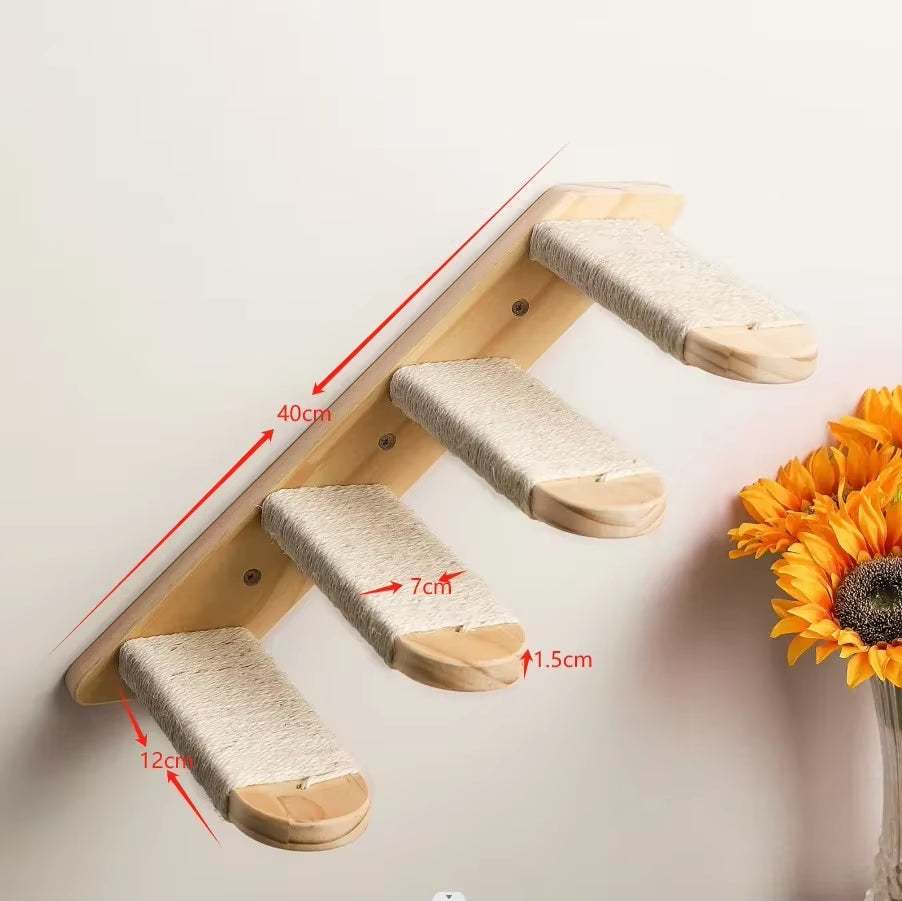 Wall-mounted cat climbing shelf with sisal rope, eco-friendly wood, and reversible four-step design.