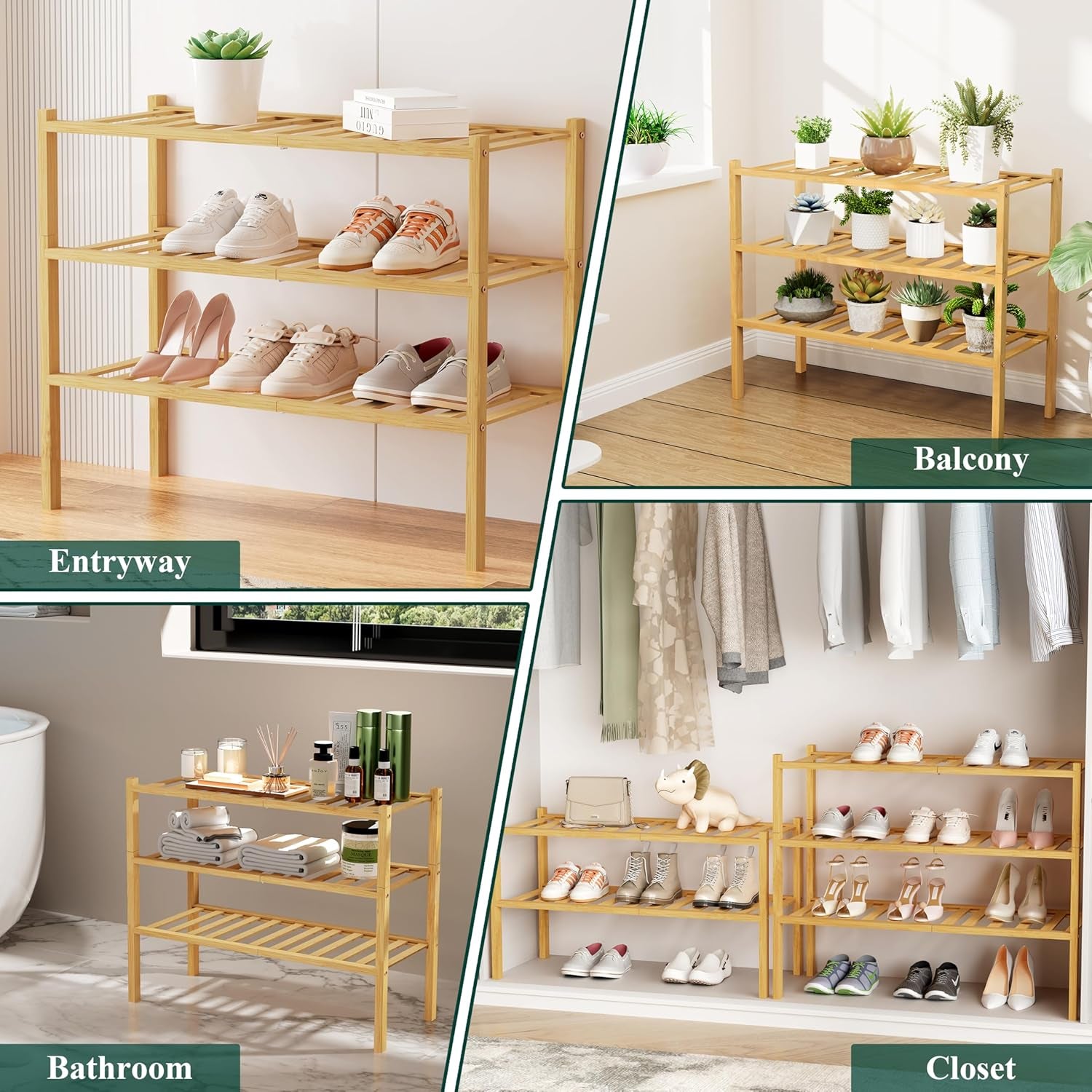 Stylish 3-Tier Bamboo Shoe Rack - Stackable & Free-Standing Organizer for Entryway & Closet