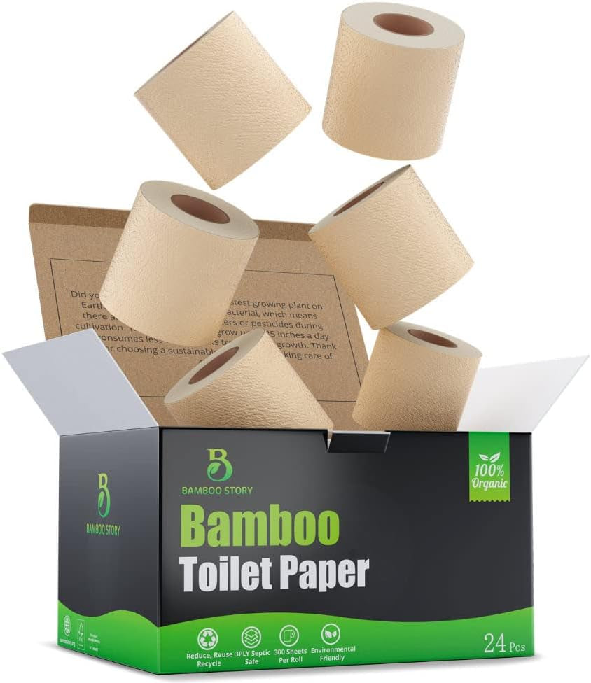 Premium Bamboo Toilet Paper, PFAS Free, Chemical Free Toilet Paper, Unbleached, (24) 3PLY & 300 Sheets, FSC Certified, Organic Brown, Plant-Based, Tree-Free, Plastic Free, BPA Free (24)