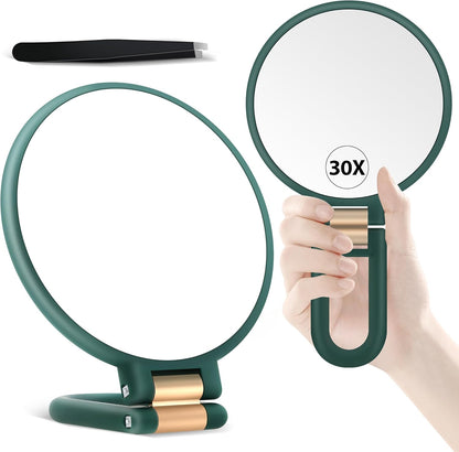 Handheld Magnifying Mirror – Double-Sided 30X/1X Travel Mirror with Adjustable Handle & Tweezers – Portable Makeup & Grooming Mirror (Green)