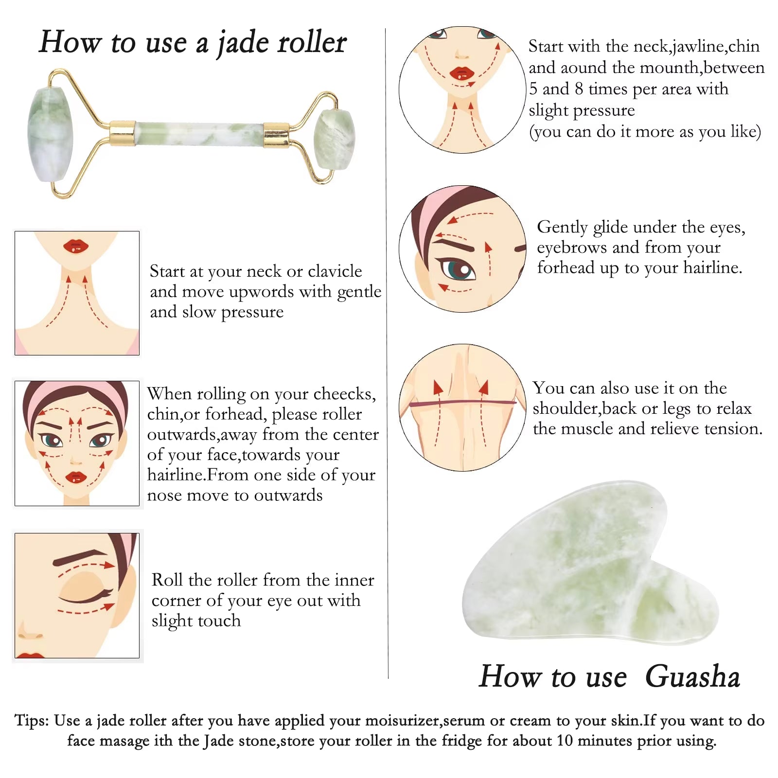 Natural Face Jade Roller Gua Sha Scraper Massager for Neck Body Guasha Eye Massage Face Slimming Therapy Beauty Skincare Tool