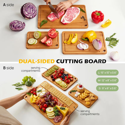 Bamboo Cutting Board – Durable Wooden Kitchen Board with Deep Juice Grooves & Built-In Handles for Chopping & Charcuterie